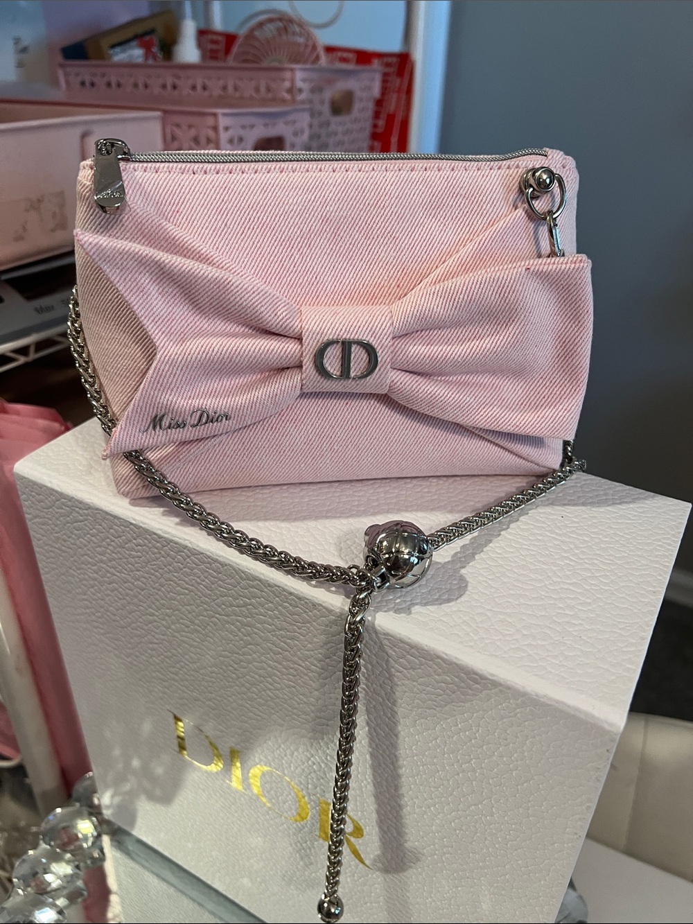 Dior Light Pink Bow Mini Bag with Adjustable Silver Chain